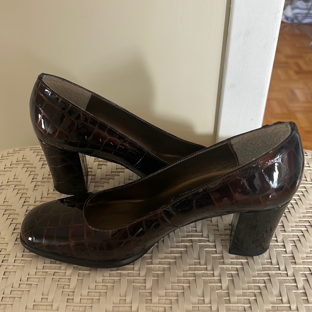 Classic Croc-Embossed Block Heel Pumps in Dark Brown
